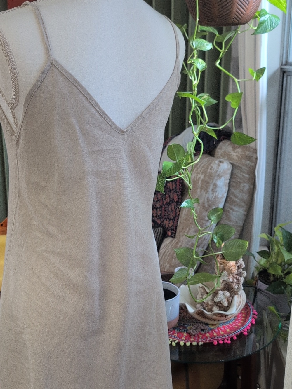Women's Cream V-Neck Maxi Slip Dress with Spaghetti Straps - Picture 2 of 6